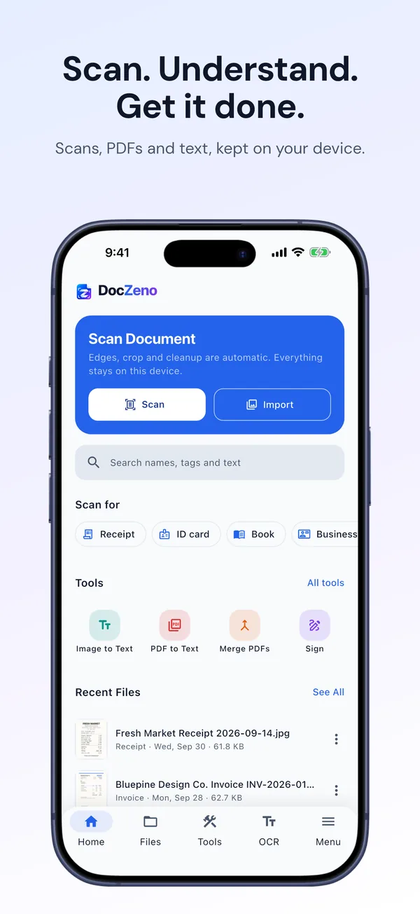 DocZeno home screen with Scan and Import