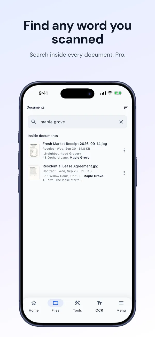 Search that finds words inside scanned documents